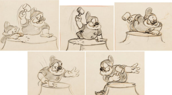 Snow White and the Seven Dwarves storyboard animation sequence featuring Dock and Dopey hammering