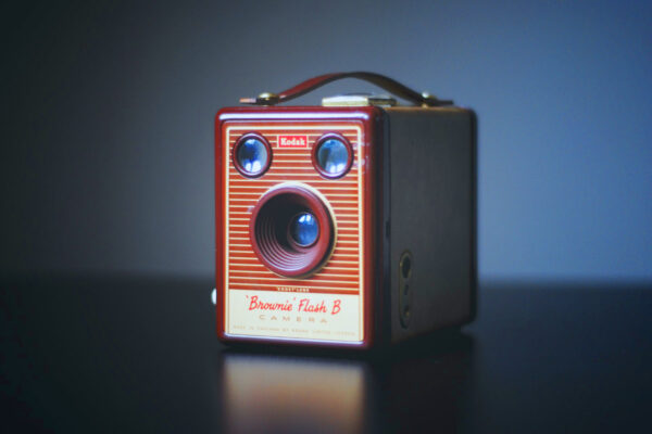Box shaped old camera called the 'Brownie Flash B' produced by Kodak. An iconic camera in the history of photography