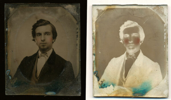 Ambrotype old photography method of a young Victorian man on both a dark and a light background