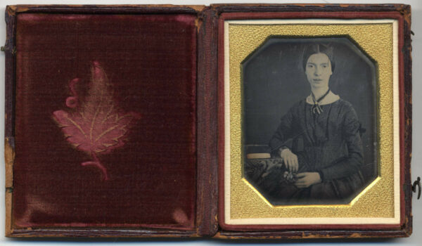 Daguerreotype of Emily Dickinson circa 1847 in its original velvet-lined case
