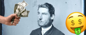 Old glass negative of handsome young man with money mouth emoji