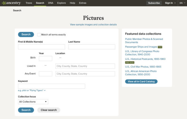 Screenshot of Ancestry old photo archives search page