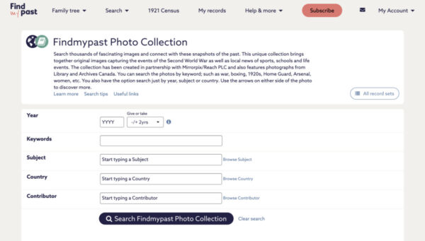 Screenshot of Findmypast Photo Collection search page