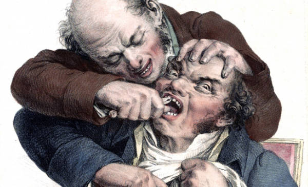 Cropped illustration of a caricatured depicting a victorian dentist extracting a tooth