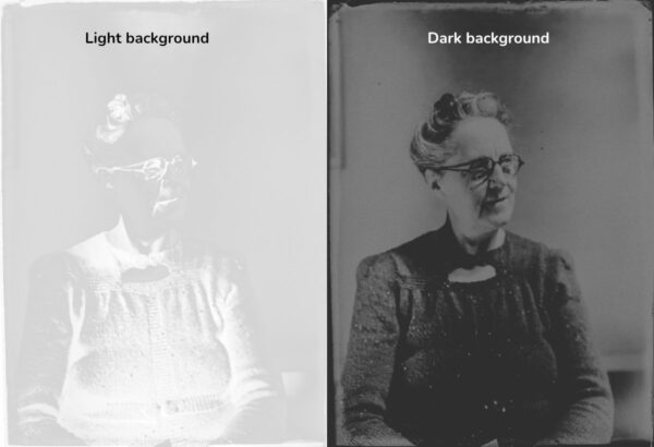 Vintage portrait of old lady demonstrating how an underexposed image appears negative on a light background but as a dull-positive on a dark background, like tintypes